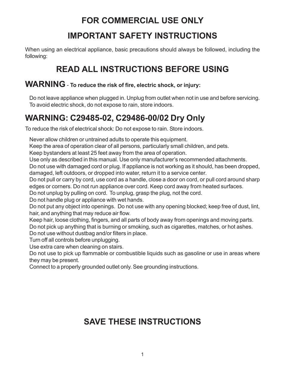 Read all instructions before using warning, Save these instructions | Minuteman C29485-00 (230V) Dry Only User Manual | Page 2 / 8