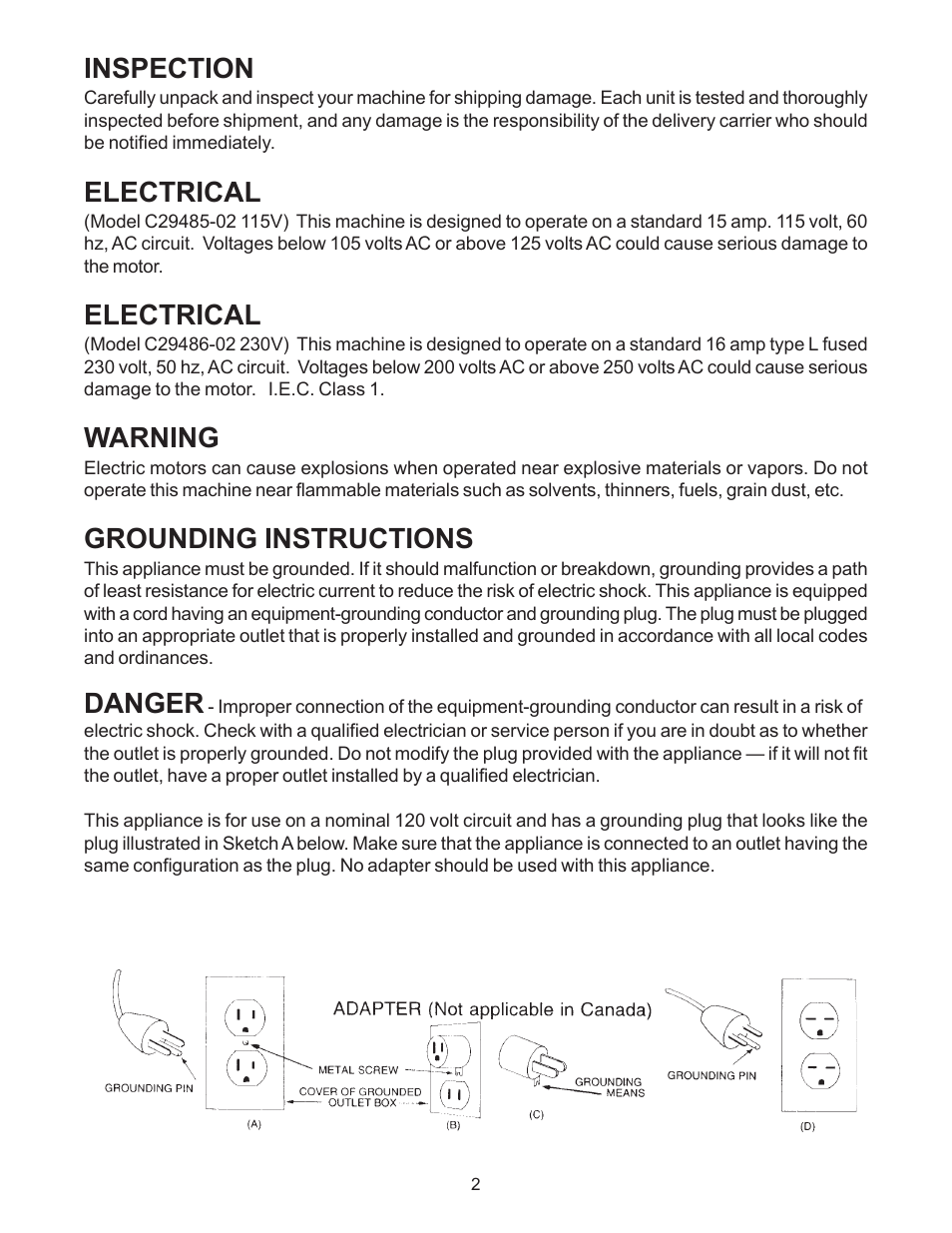 Inspection, Electrical, Warning | Grounding instructions, Danger | Minuteman C29485-00 (230V) Dry Only User Manual | Page 3 / 8