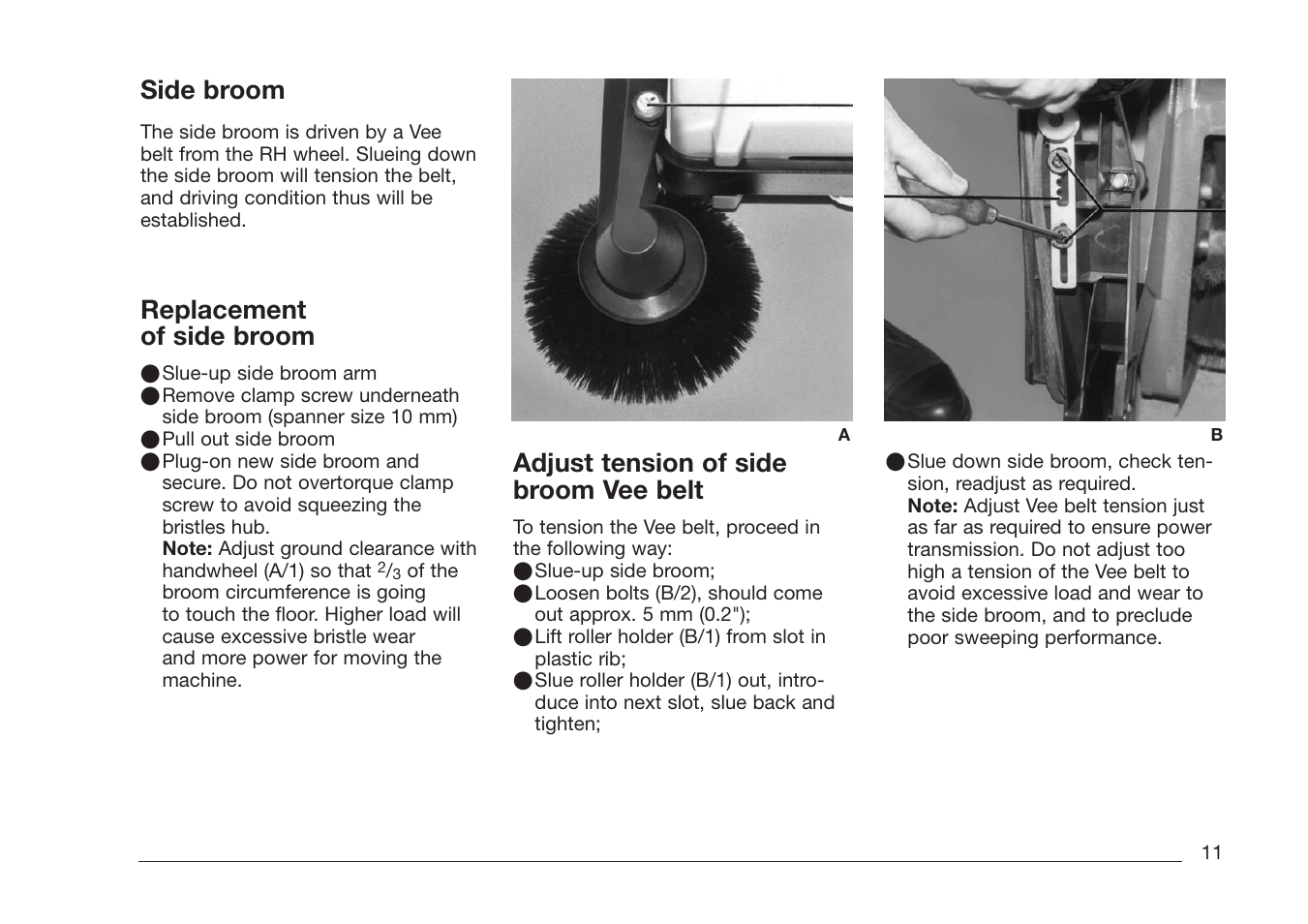 Side broom, Replacement of side broom, Adjust tension of side broom vee belt | Minuteman Kleen Sweep 27M User Manual | Page 11 / 16