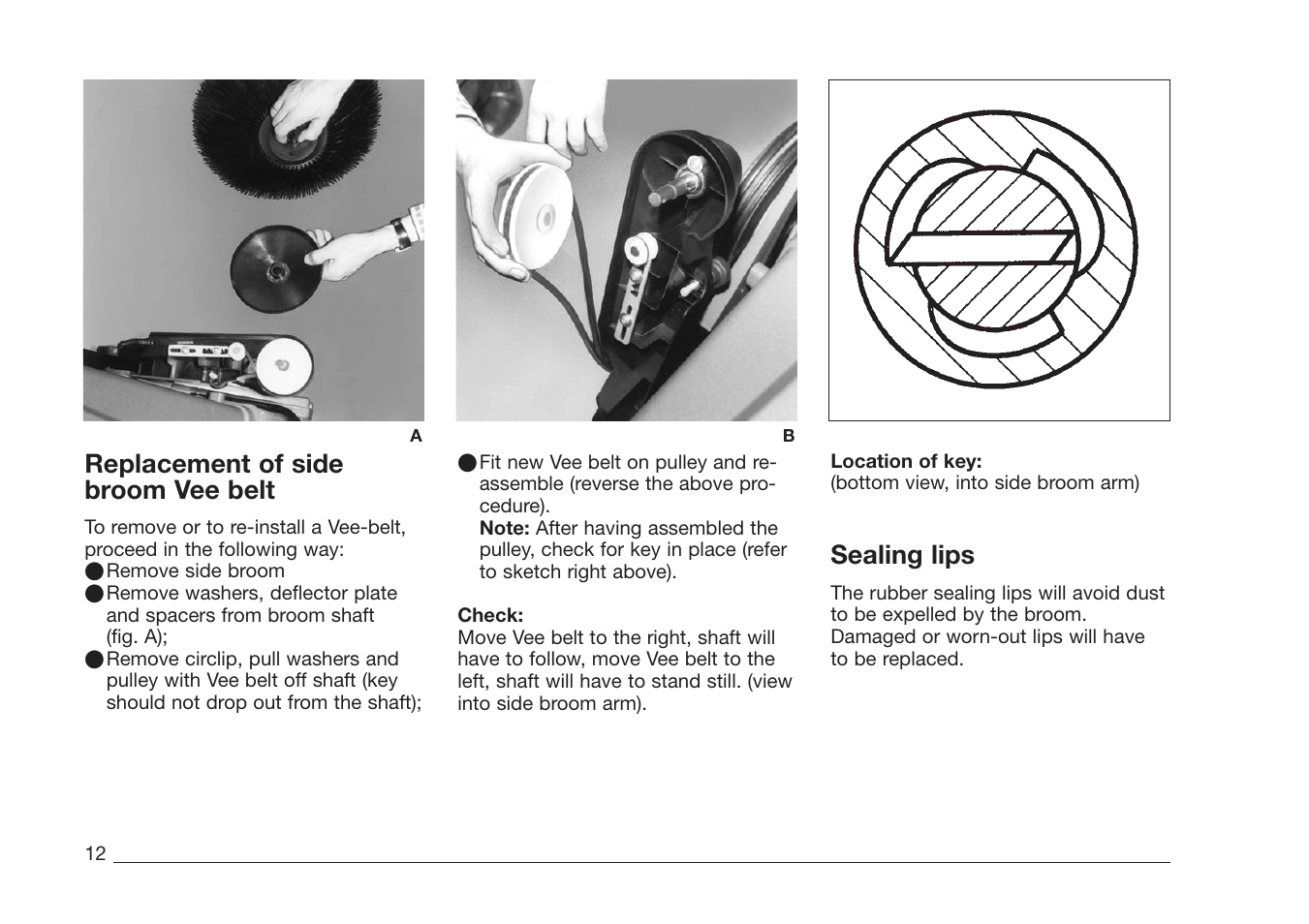 Replacement of side broom vee belt, Sealing lips | Minuteman Kleen Sweep 27M User Manual | Page 12 / 16