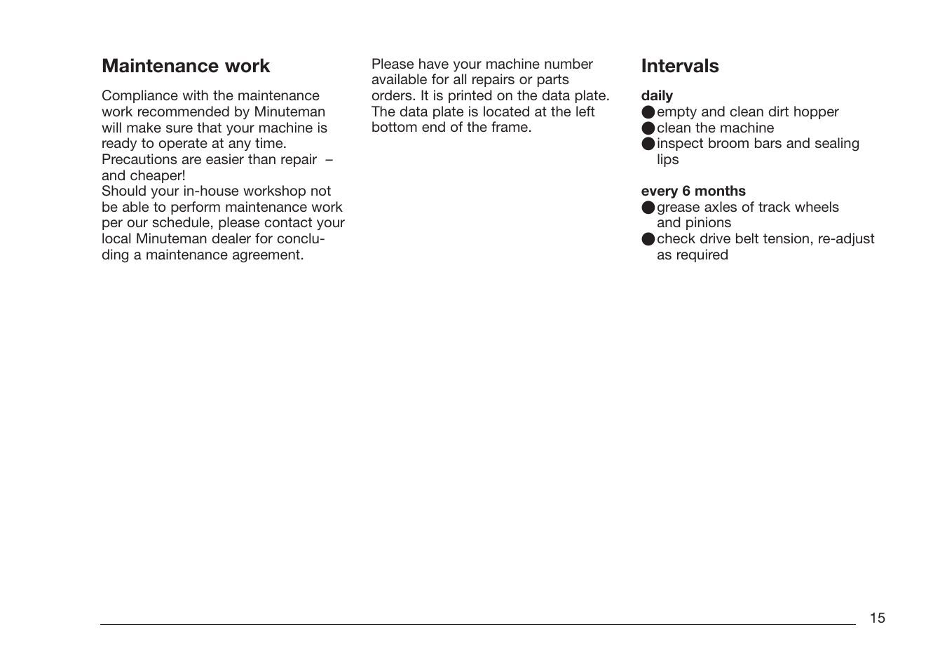 Maintenance work, Intervals | Minuteman Kleen Sweep 27M User Manual | Page 15 / 16