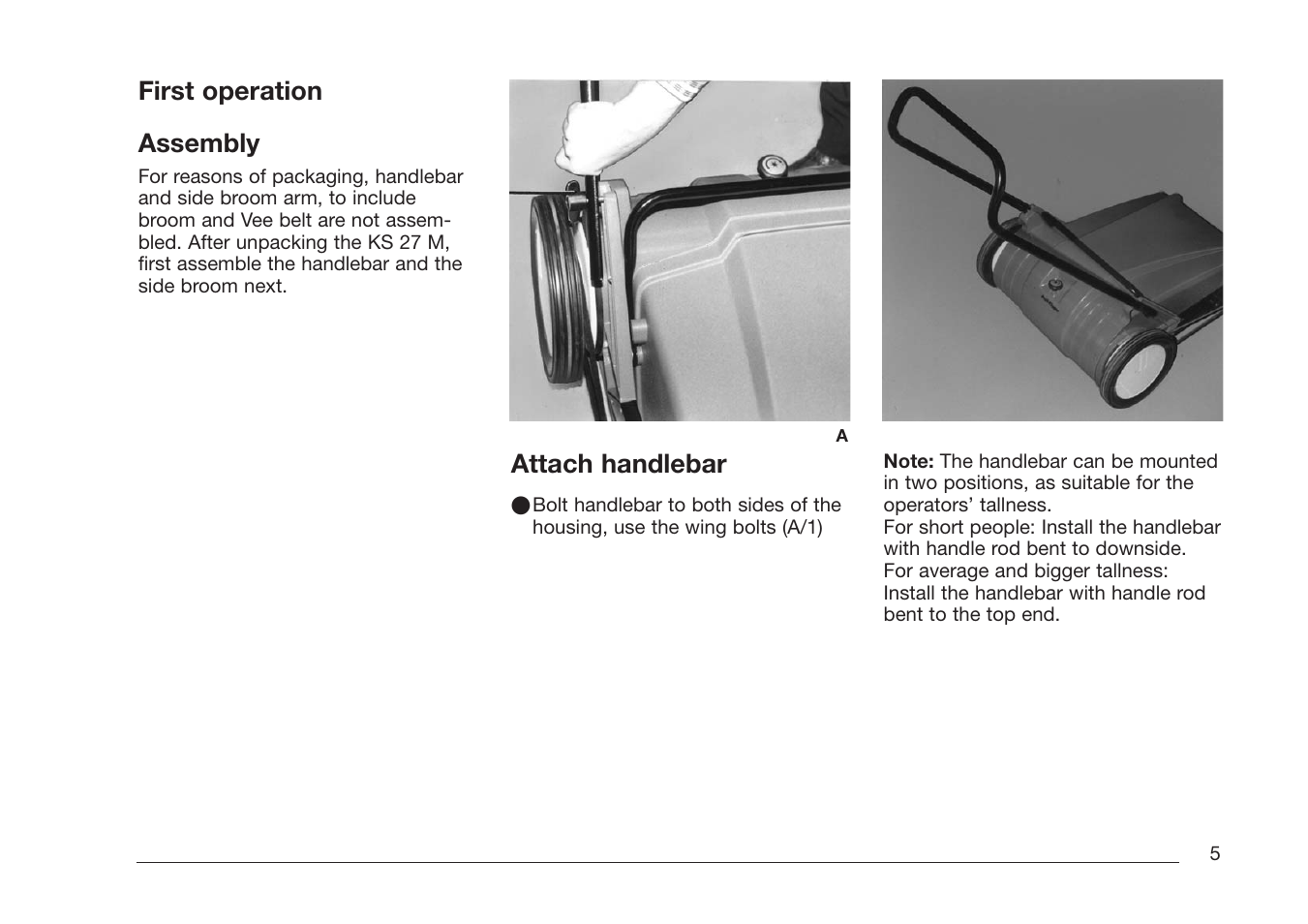 First operation assembly, Attach handlebar | Minuteman Kleen Sweep 27M User Manual | Page 5 / 16