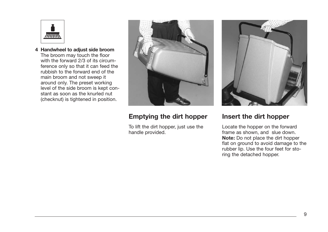 Emptying the dirt hopper, Insert the dirt hopper | Minuteman Kleen Sweep 27M User Manual | Page 9 / 16