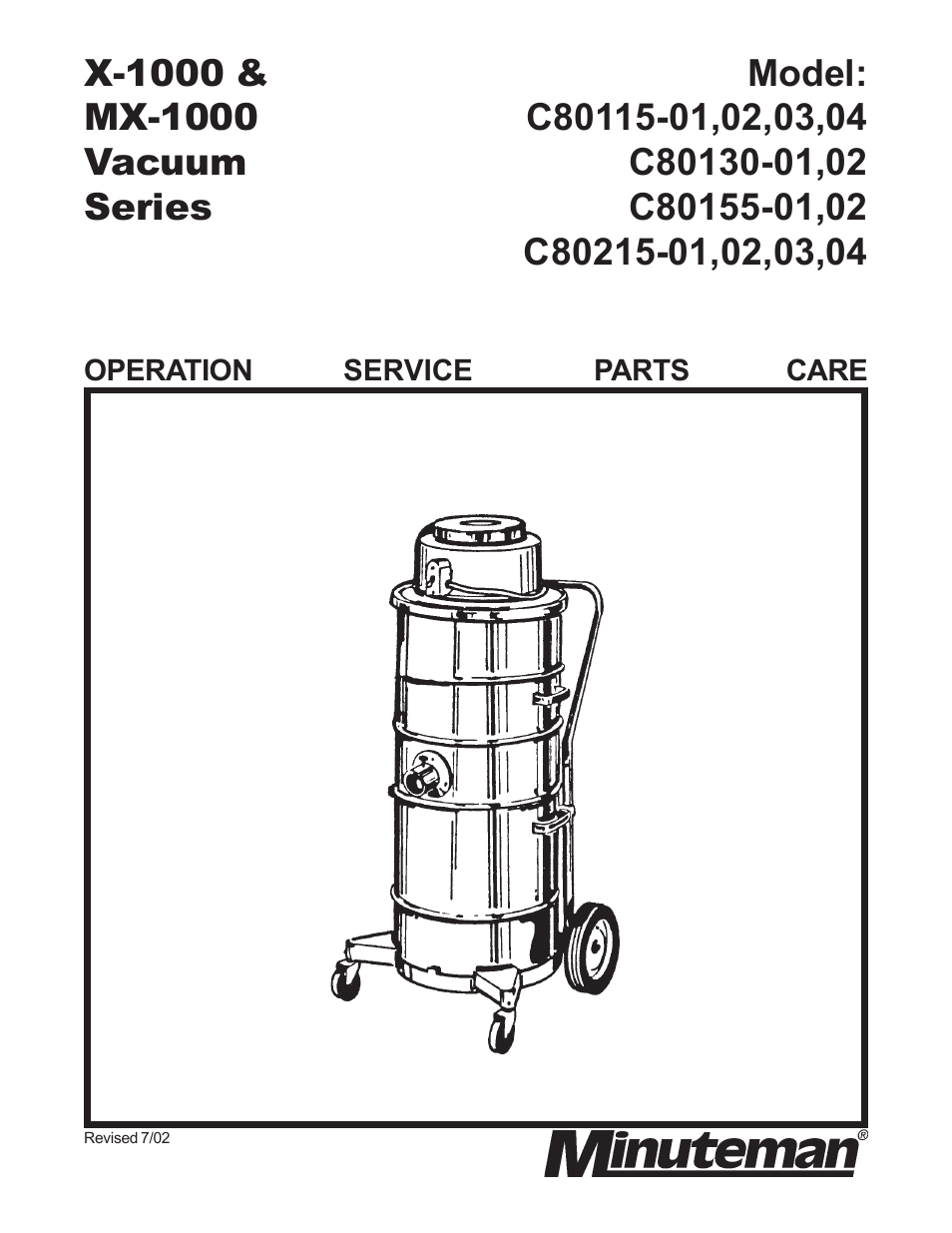 Minuteman C80215-01, 02, 03, 04 X-1000 & MX-1000 Vacuum Series User Manual | 16 pages