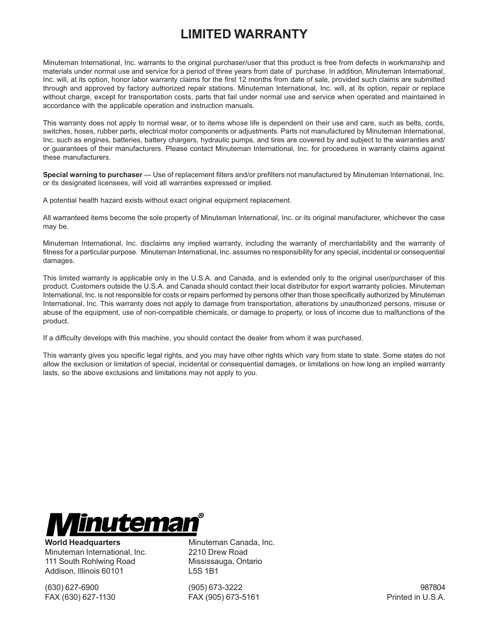 Limited warranty | Minuteman C80215-01, 02, 03, 04 X-1000 & MX-1000 Vacuum Series User Manual | Page 16 / 16