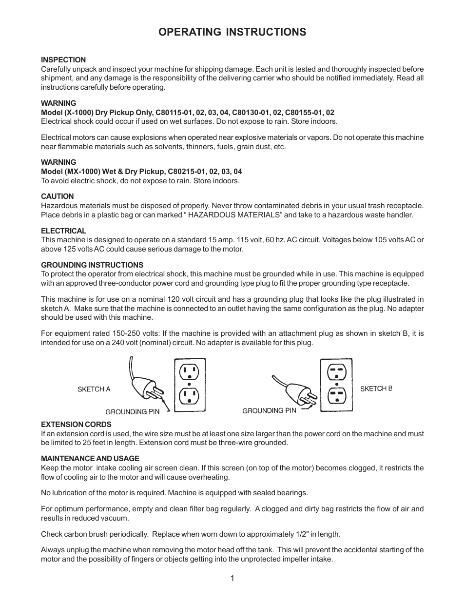 Operating instructions | Minuteman C80215-01, 02, 03, 04 X-1000 & MX-1000 Vacuum Series User Manual | Page 2 / 16