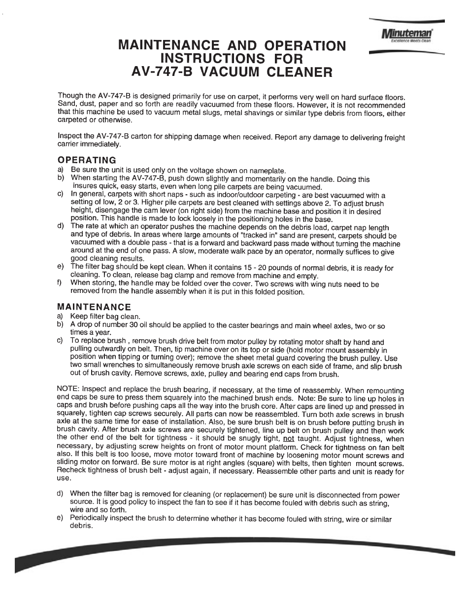 Minuteman 747 Wide Area Carpet Vacuum Battery Power User Manual | Page 6 / 14