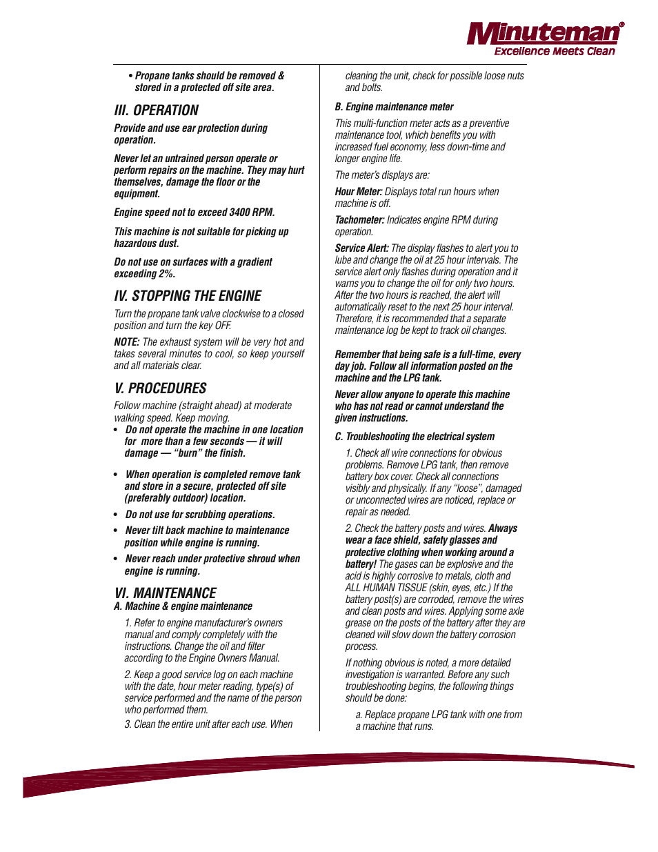 Iii. operation, Iv. stopping the engine, V. procedures | Vi. maintenance | Minuteman Mirage 28 Propane Burnisher - Honda M220028K13H User Manual | Page 5 / 18
