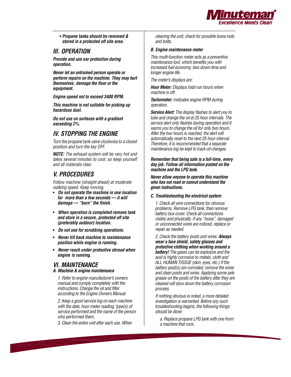 Iii. operation, Iv. stopping the engine, V. procedures | Vi. maintenance | Minuteman Mirage 28 Propane Burnisher - 17 HP Kawasaki M220028K17A User Manual | Page 6 / 17