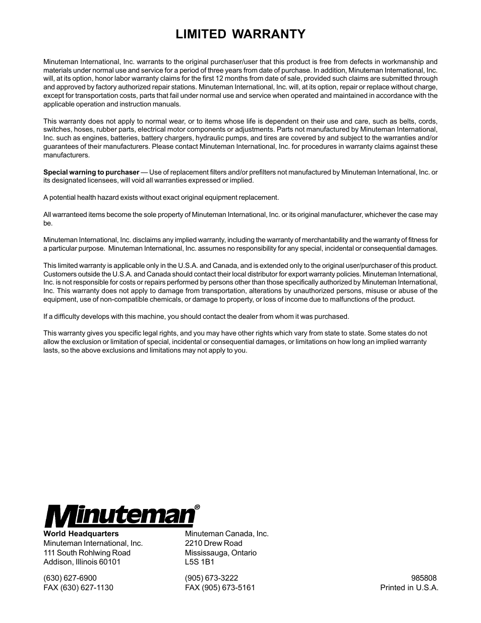 Limited warranty | Minuteman C45014-01 Ambassador Junior 115V User Manual | Page 12 / 12