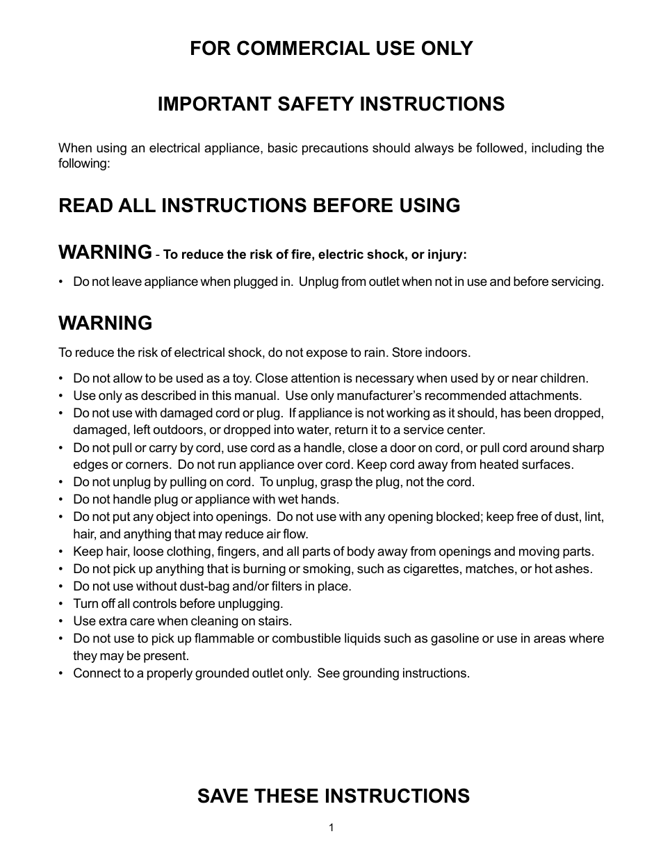 Read all instructions before using warning, Warning, Save these instructions | Minuteman C45014-01 Ambassador Junior 115V User Manual | Page 2 / 12