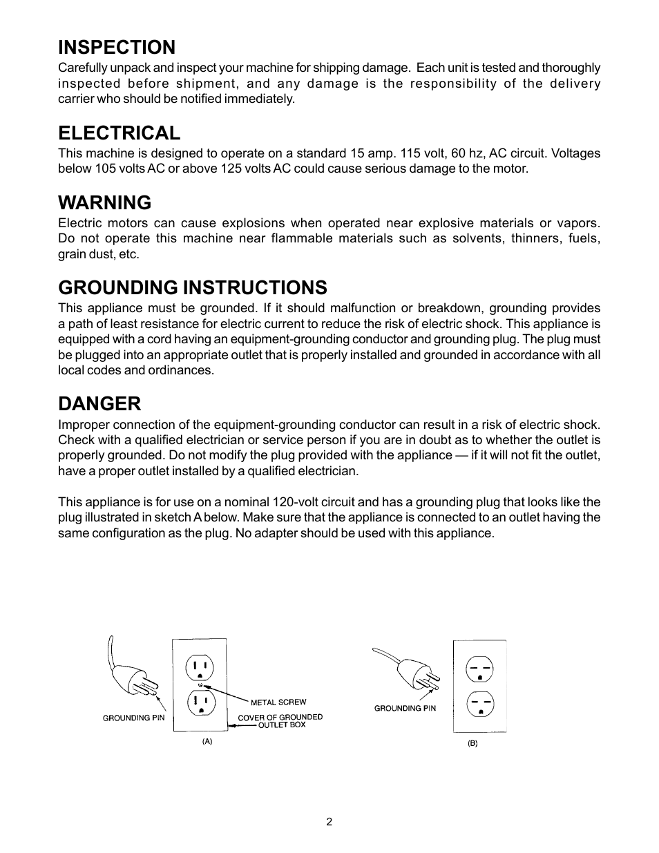 Inspection, Electrical, Warning | Grounding instructions, Danger | Minuteman C45014-01 Ambassador Junior 115V User Manual | Page 3 / 12
