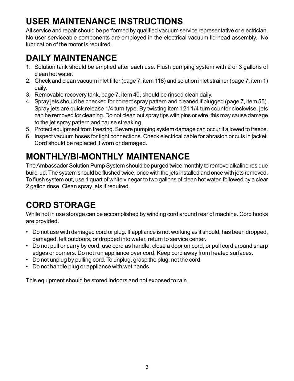 User maintenance instructions, Daily maintenance, Monthly/bi-monthly maintenance | Cord storage | Minuteman C45014-01 Ambassador Junior 115V User Manual | Page 4 / 12