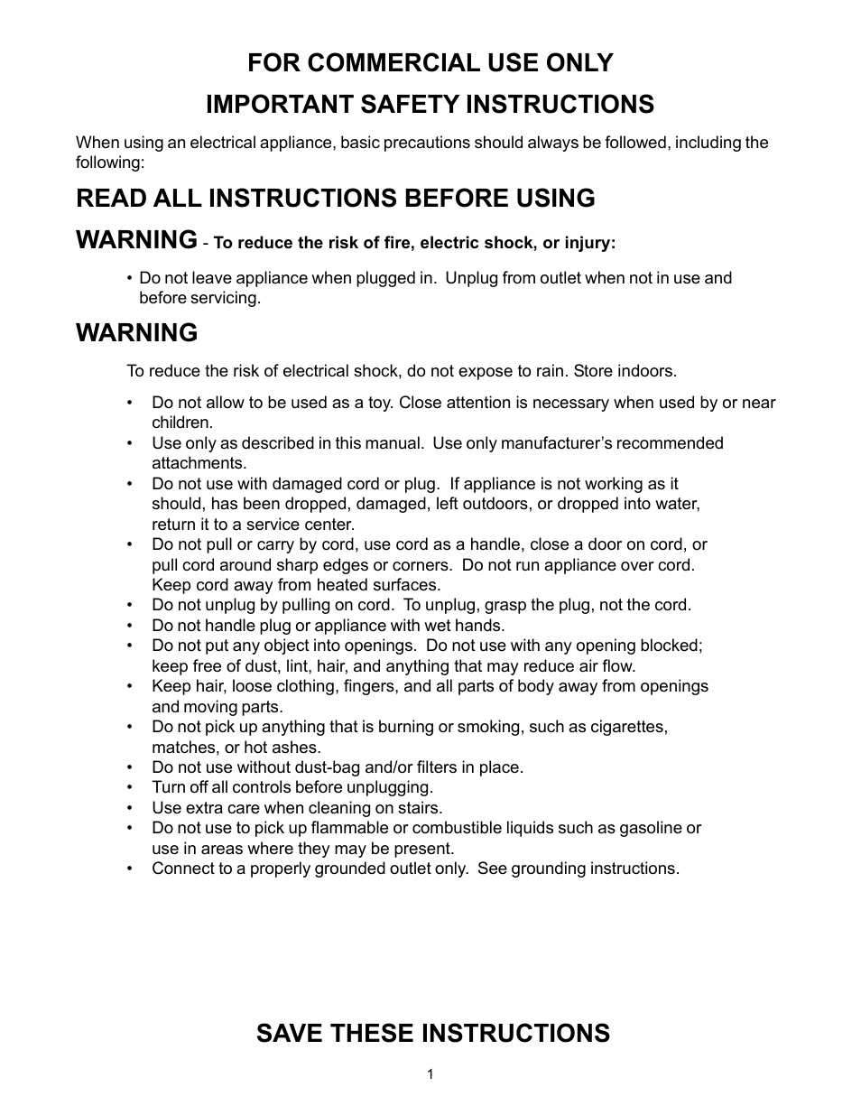 Read all instructions before using warning, Warning, Save these instructions | Minuteman C45014-02 Ambassador Junior International 240V User Manual | Page 2 / 12
