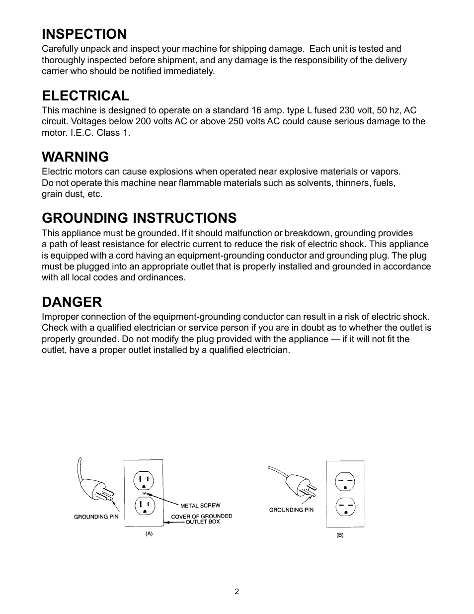 Inspection, Electrical, Warning | Grounding instructions, Danger | Minuteman C45014-02 Ambassador Junior International 240V User Manual | Page 3 / 12