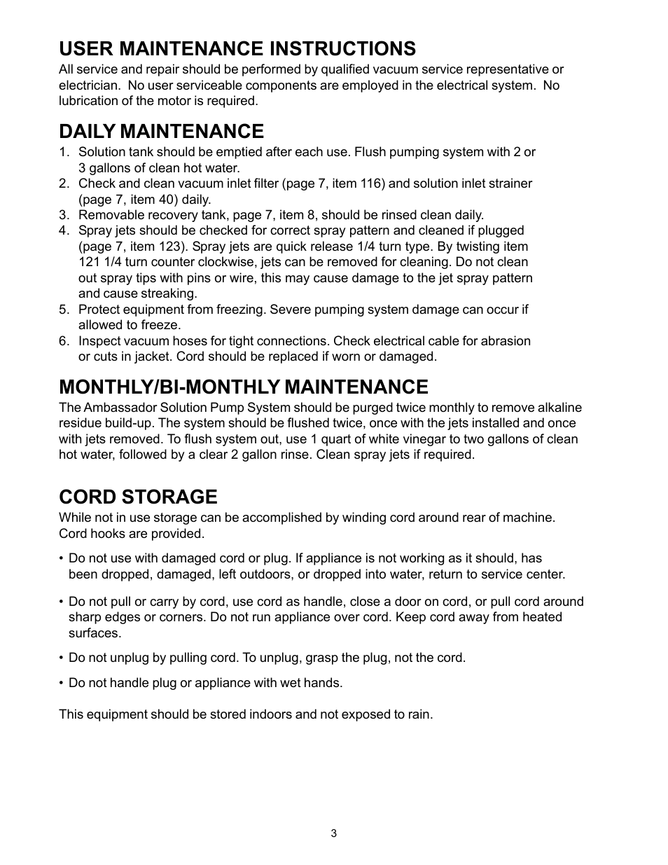 User maintenance instructions, Daily maintenance, Monthly/bi-monthly maintenance | Cord storage | Minuteman C45014-02 Ambassador Junior International 240V User Manual | Page 4 / 12