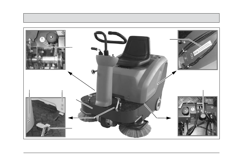 Labels on the vehicle, Side broom label (fig. 2/1), Brake label (fig. 2/2) | Folding apron label (fig. 2/3), Parking brake label (fig. 2/4), Fig. 2/5), Cylindrical broom label (fig. 2/6), Safety information | Minuteman Kleen Sweep KS 32 R (6400.40) User Manual | Page 15 / 64