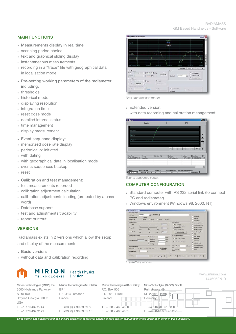 Health physics division, Main functions measurements display in real time, Scanning period choice | Text and graphical sliding display, Instantaneaous measurements, Including: thresholds, Historical mode, Displaying resolution, Integration time, Reset dose mode | Mirion Technologies RADIAMASS User Manual | Page 2 / 2