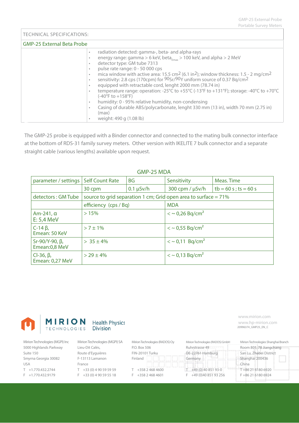 Gmp-25 mda, Αe: 5,4 mev | Mirion Technologies GMP-25 Pancake Beta Probe User Manual | Page 2 / 2