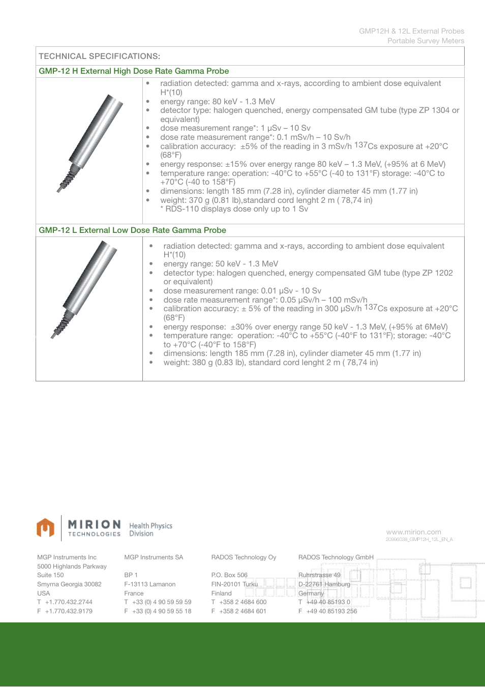 Mirion Technologies GMP-12H-12L Gamma Probes User Manual | Page 2 / 2