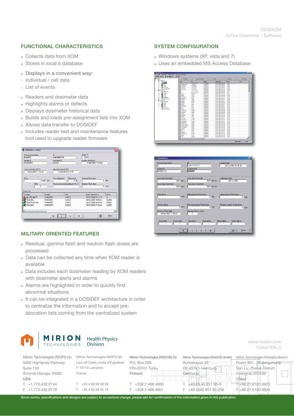 Health physics division, Functional characteristics, Collects data from xom | Stores in local a database, Displays in a convenient way, Individual / cell data, List of events, Readers and dosimeter data, Highlights alarms or defects, Displays dosimeter historical data | Mirion Technologies DOSIXOM User Manual | Page 2 / 2