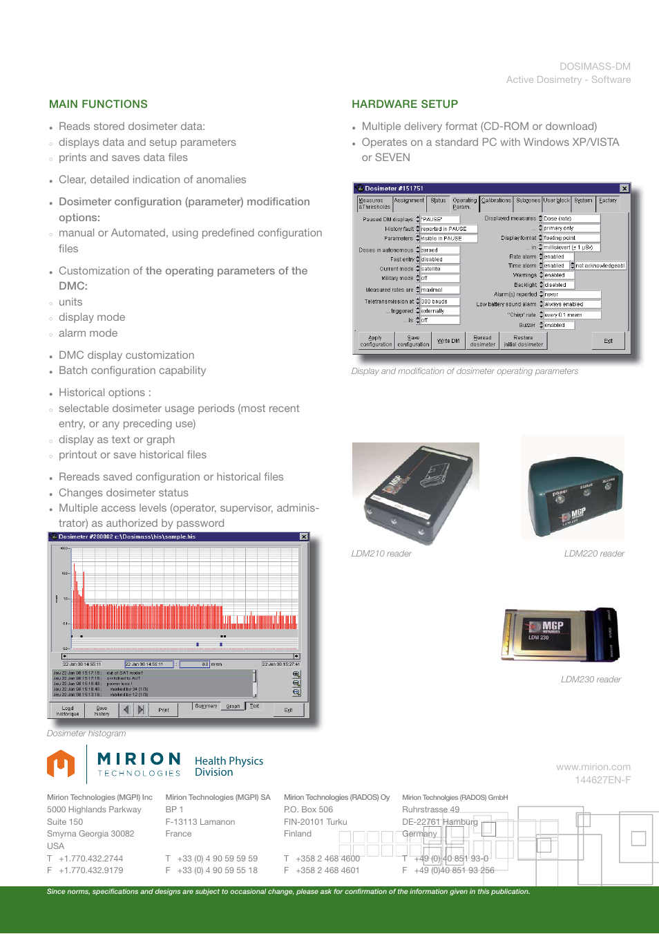 Health physics division, Main functions reads stored dosimeter data, Displays data and setup parameters | Prints and saves data fi les, Clear, detailed indication of anomalies, Dosimeter confi guration (parameter) modifi cation, Fi les customization of, The operating parameters of the dmc: units, Display mode, Alarm mode | Mirion Technologies DOSIMASS User Manual | Page 2 / 2