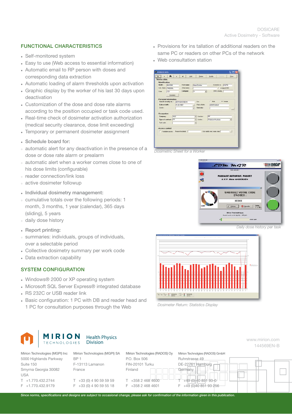 Health physics division, Functional characteristics self-monitored system, Easy to use (web access to essential information) | Automatic email to rp person with doses and, Schedule board for, Active dosimeter followup, Individual dosimetry management, Cumulative totals over the following periods: 1, Report printing, Summaries: individuals, groups of individuals | Mirion Technologies DOSICARE User Manual | Page 2 / 2