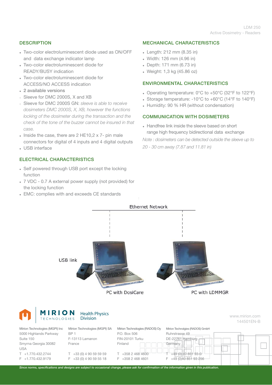 Health physics division, Access/no access indication 2 available versions, Sleeve for dmc 2000s, x and xb | Sleeve for dmc 2000s gn, Humidity: 90 % hr (without condensation) | Mirion Technologies LDM 250 User Manual | Page 2 / 2