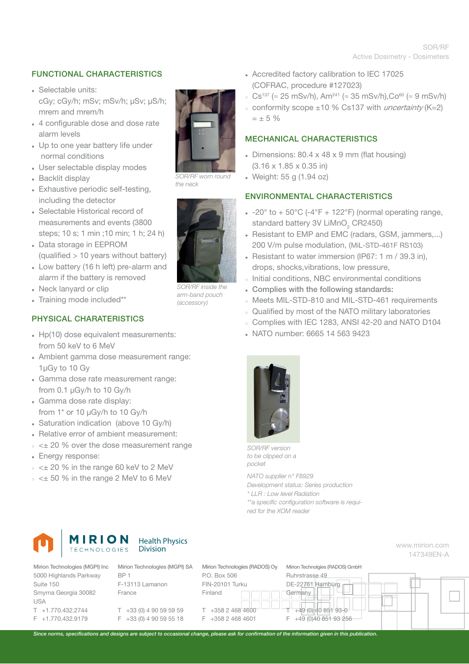 Uncertainty, Health physics division, Functional characteristics selectable units | Alarm levels up to one year battery life under, Normal conditions user selectable display modes, Backlit display, Exhaustive periodic self-testing, Training mode included, 1μgy to 10 gy gamma dose rate measurement range, Relative error of ambient measurement | Mirion Technologies SOR_RF User Manual | Page 2 / 2