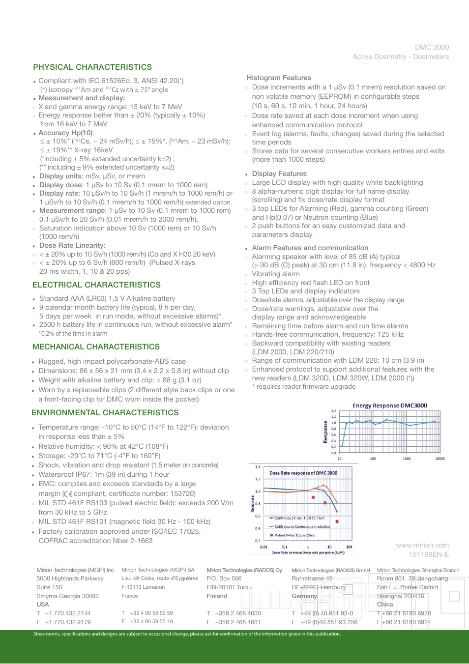 Physical characteristics, Electrical characteristics, Mechanical characteristics | Environmental characteristics | Mirion Technologies DMC 3000 User Manual | Page 2 / 2