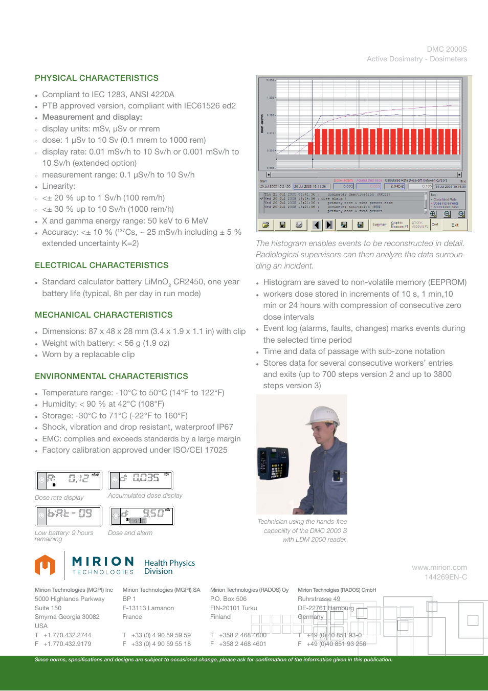 Health physics division, Measurement and display, Display units: msv, μsv or mrem | Linearity, X and gamma energy range: 50 kev to 6 mev, Accuracy: <± 10, Weight with battery: < 56 g (1.9 oz), Worn by a replacable clip | Mirion Technologies DMC 2000S User Manual | Page 2 / 2