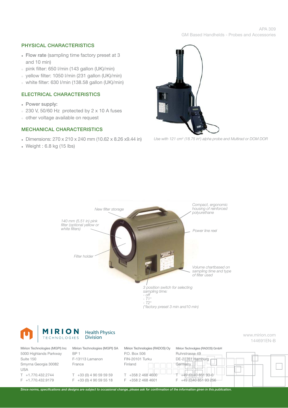 Health physics division, Physical characteristics flow rate, Electrical characteristics power supply | Other voltage available on request, Weight : 6.8 kg (15 lbs) | Mirion Technologies APA 309 User Manual | Page 2 / 2