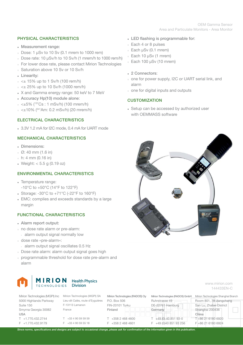 Health physics division, Physical characteristics, Measurement range | Saturation above 10 sv or 10 sv/h, Linearity, X and gamma energy range: 50 kev to 7 mev, Accuracy hp(10) module alone, Cs : 1 msv/h) (100 mrem/h), Dimensions, Ø: 40 mm (1.6 in) | Mirion Technologies OEM Gamma Sensor User Manual | Page 2 / 2
