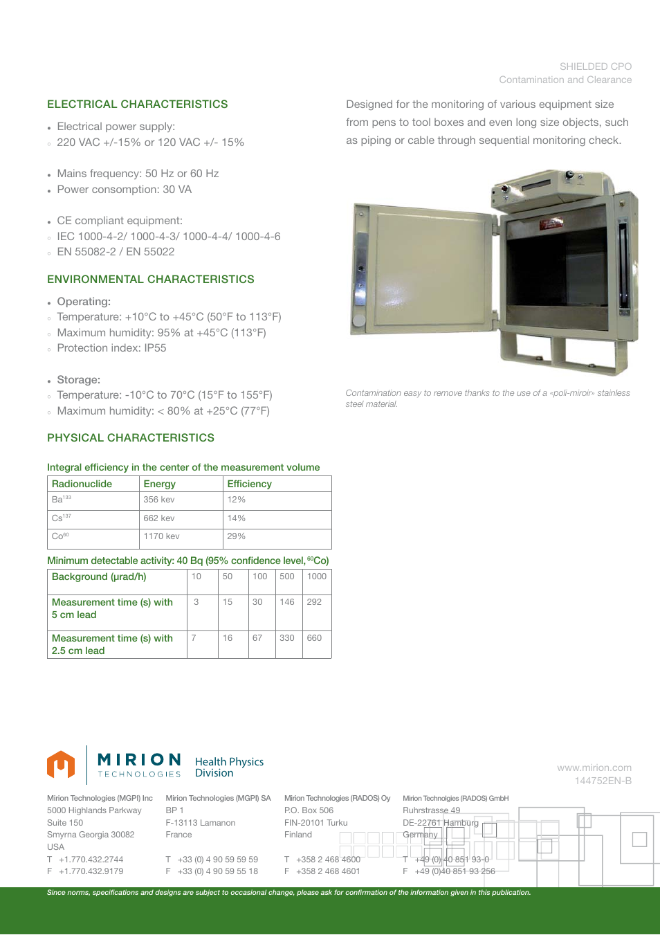 Health physics division, Electrical characteristics electrical power supply, Mains frequency: 50 hz or 60 hz | Power consomption: 30 va, Ce compliant equipment, Environmental characteristics operating, Protection index: ip55, Storage | Mirion Technologies SHIELDED CPO User Manual | Page 2 / 2