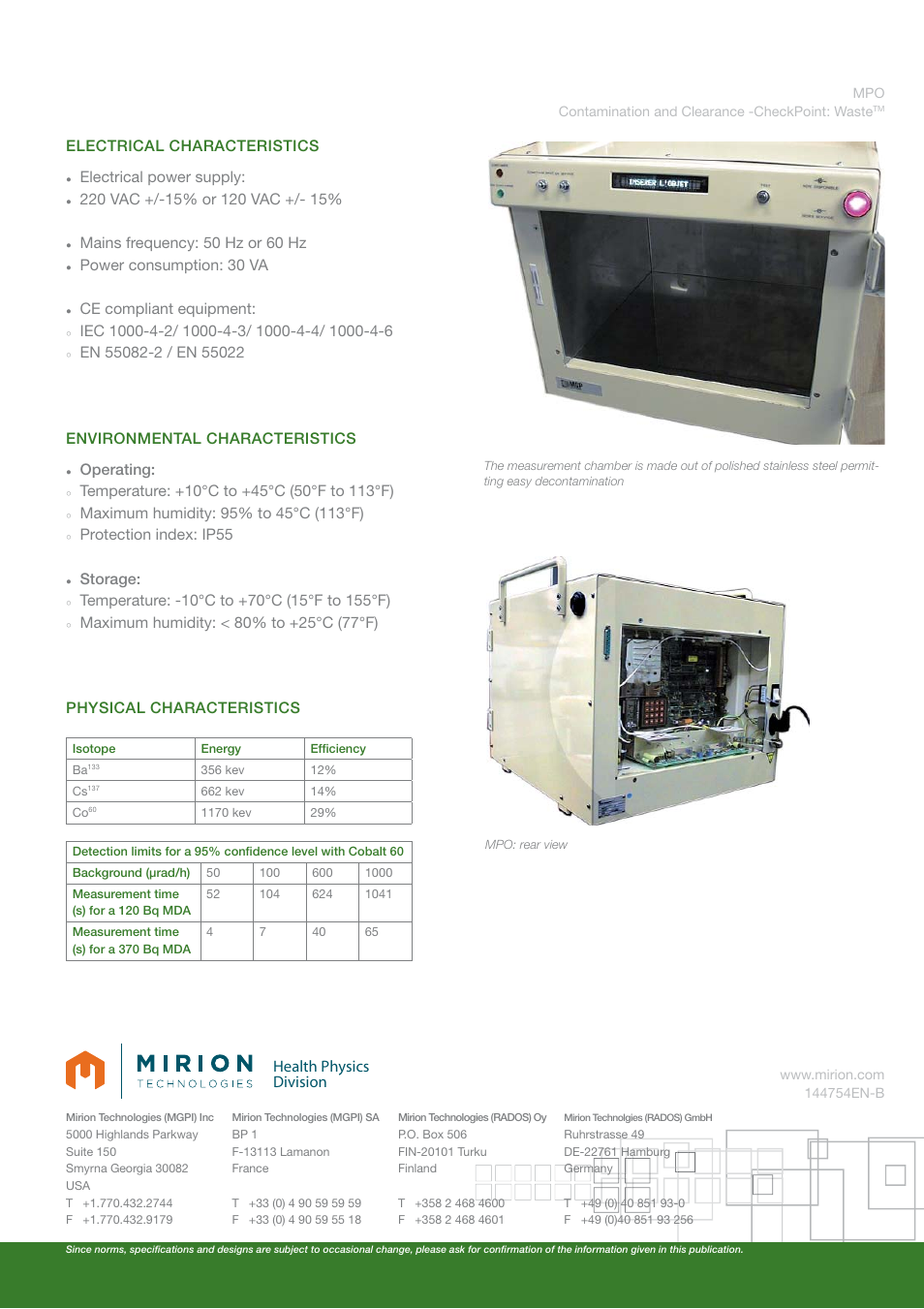 Health physics division, Electrical characteristics electrical power supply, Mains frequency: 50 hz or 60 hz | Power consumption: 30 va, Ce compliant equipment, Environmental characteristics operating, Protection index: ip55, Storage, Physical characteristics | Mirion Technologies MPO User Manual | Page 2 / 2