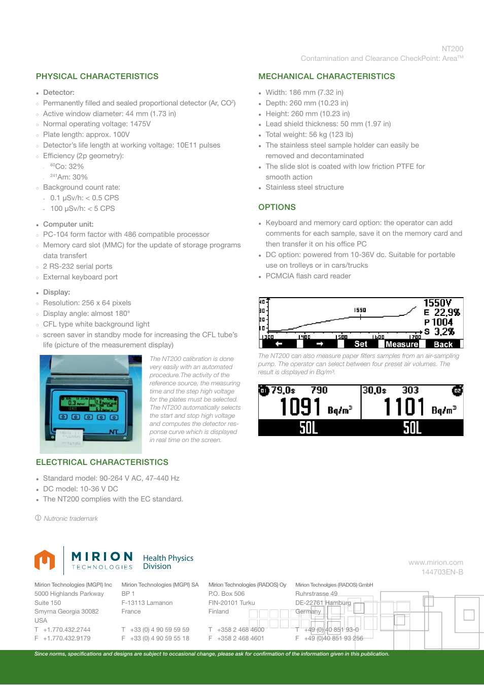Health physics division, Physical characteristics, Electrical characteristics | Mechanical characteristics, Options | Mirion Technologies NT 200 User Manual | Page 2 / 2