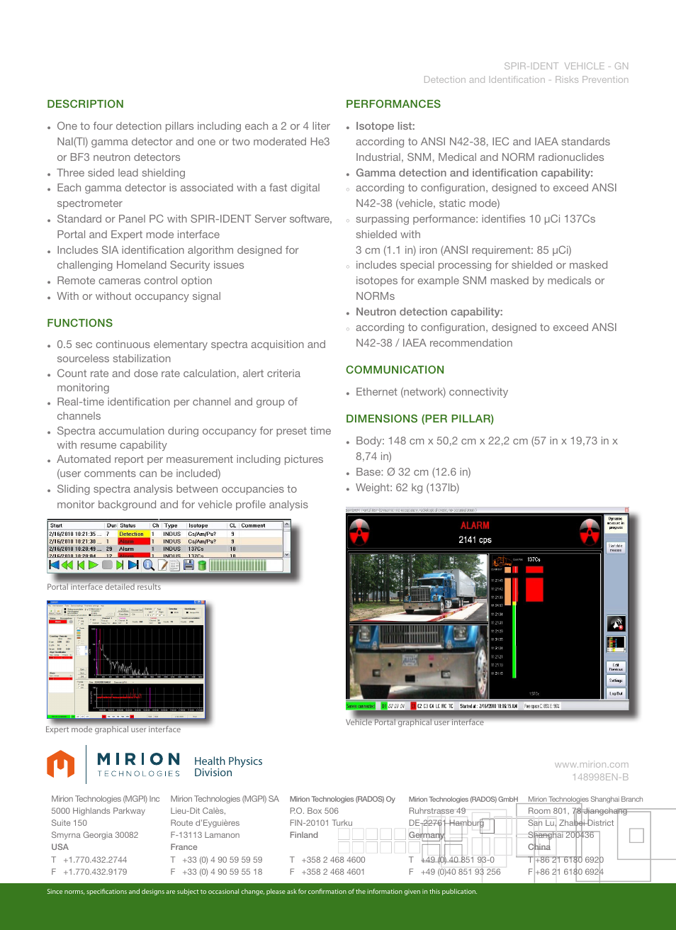 Health physics division, Description, Three sided lead shielding | Remote cameras control option, With or without occupancy signal functions, Gamma detection and identification capability, Neutron detection capability | Mirion Technologies SPIR-Ident Vehicle GN User Manual | Page 2 / 2