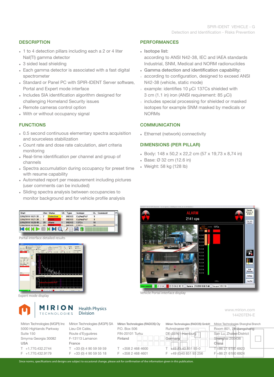 Health physics division, Description, 3 sided lead shielding | Remote cameras control option, With or without occupancy signal functions, Gamma detection and identification capability | Mirion Technologies SPIR-Ident Vehicle G User Manual | Page 2 / 2