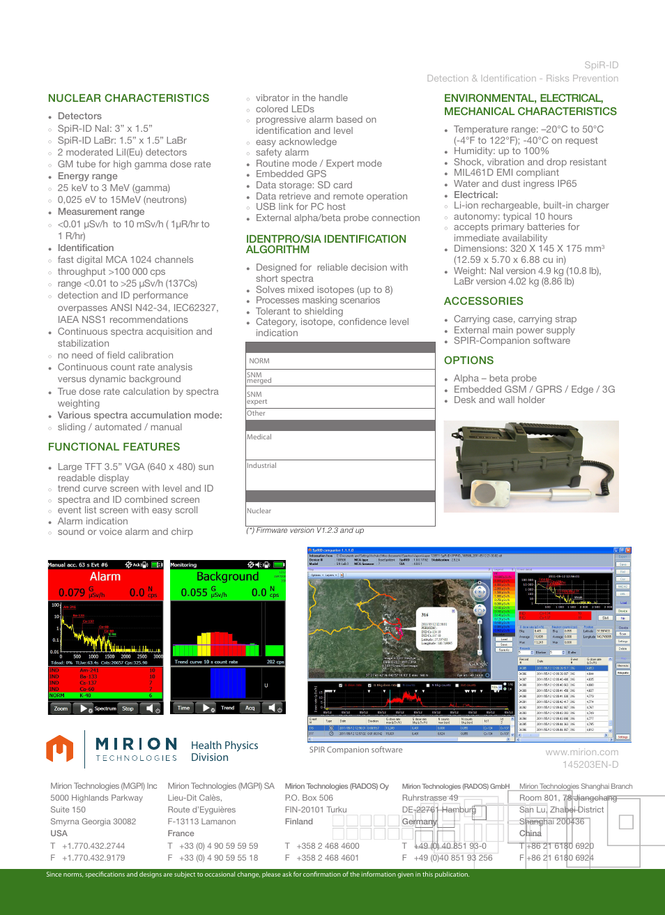 Health physics division, Nuclear characteristics, Functional features | Identpro/sia identification algorithm, Accessories, Options | Mirion Technologies SpiR-ID User Manual | Page 2 / 2