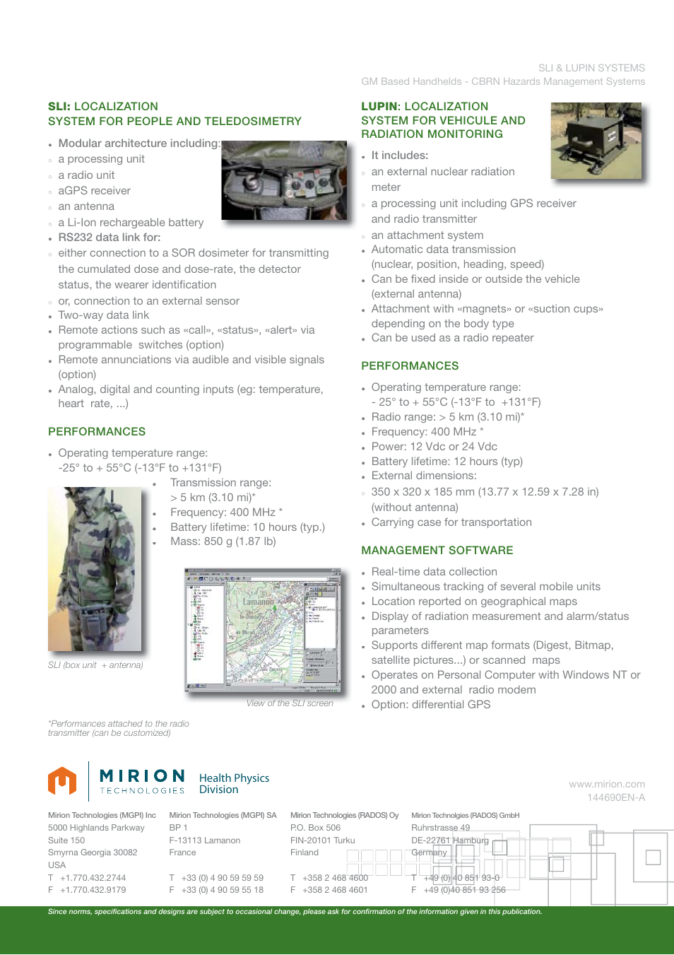 Health physics division, A processing unit, A radio unit | Agps receiver, An antenna, A li-ion rechargeable battery, Rs232 data link for, Two-way data link, Battery lifetime: 10 hours (typ.), An external nuclear radiation | Mirion Technologies SLI & LUPIN Systems User Manual | Page 2 / 2