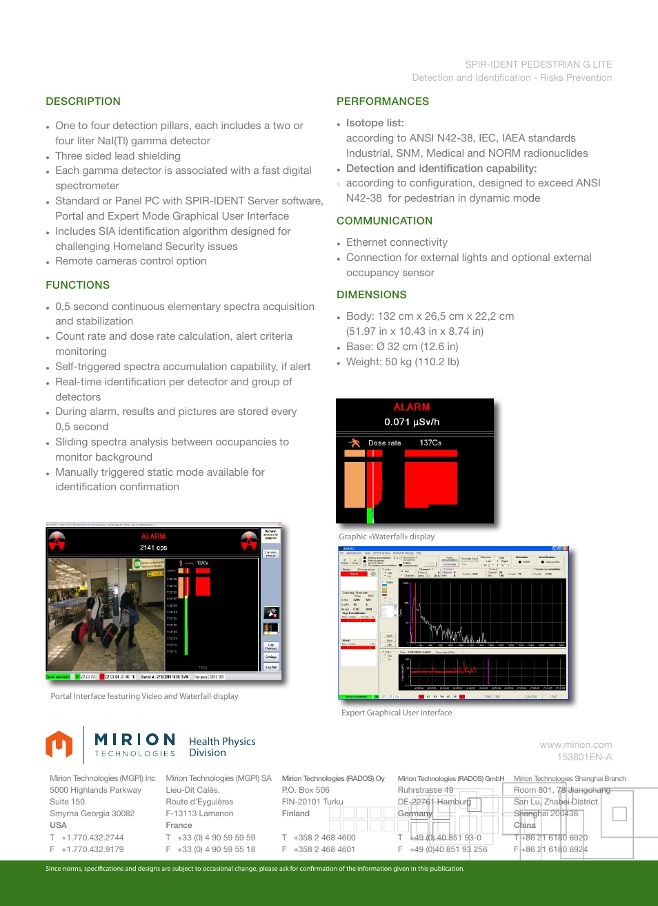 Health physics division, Description, Three sided lead shielding | Remote cameras control option functions, Detection and identification capability, Ethernet connectivity | Mirion Technologies SPIR-Ident Pedestrian G Lite User Manual | Page 2 / 2