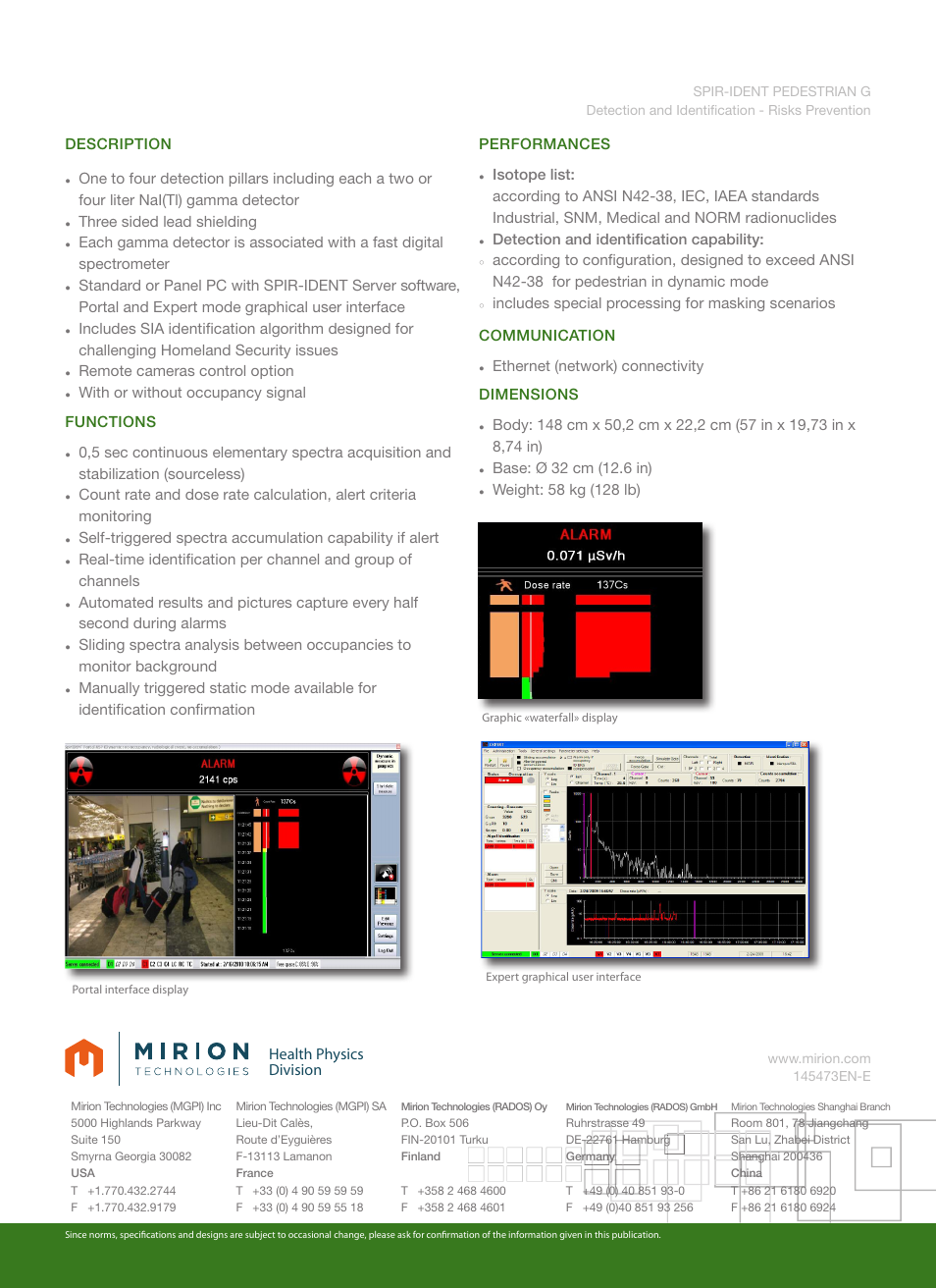 Health physics division, Description, Three sided lead shielding | Remote cameras control option, With or without occupancy signal functions, Detection and identification capability, Ethernet (network) connectivity dimensions | Mirion Technologies SPIR-Ident Pedestrian G User Manual | Page 2 / 2