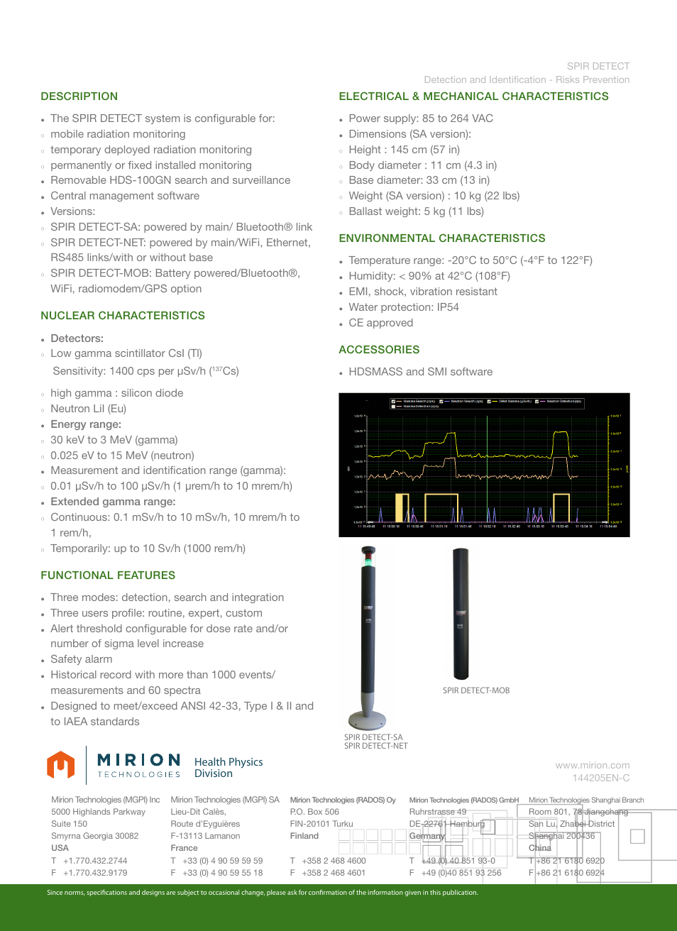 Health physics division, Description, The spir detect system is configurable for | Mobile radiation monitoring, Temporary deployed radiation monitoring, Permanently or fixed installed monitoring, Removable hds-100gn search and surveillance, Central management software, Versions, Spir detect-sa: powered by main/ bluetooth® link | Mirion Technologies SPIR-Detect User Manual | Page 2 / 2
