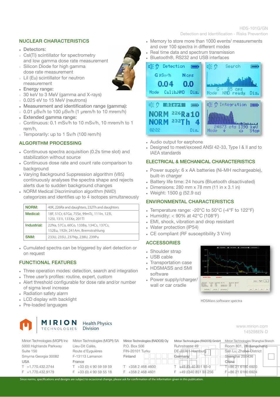 Health physics division, Nuclear characteristics, Detectors | Silicon diode for high gamma dose rate measurement, Lii (eu) scintillator for neutron measurement, Energy range, 30 kev to 3 mev (gamma and x-rays), Measurement and identification range (gamma), Extended gamma range, Three user’s profiles: routine, expert, custom | Mirion Technologies HDS-101G_GN User Manual | Page 2 / 2