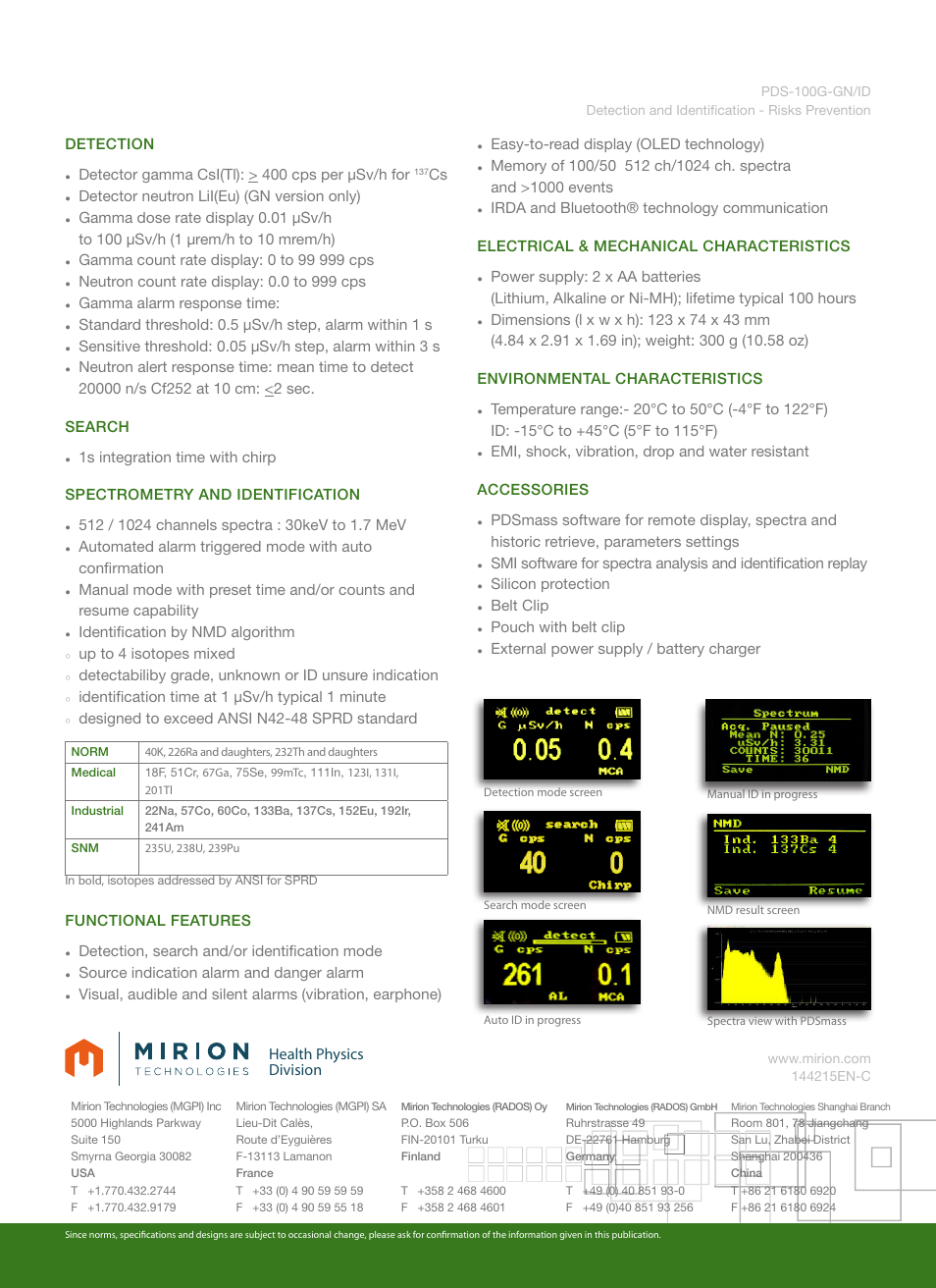 Health physics division, Detection, Detector gamma csi(tl): > 400 cps per µsv/h for | Detector neutron lii(eu) (gn version only), Gamma alarm response time, Identification by nmd algorithm, Up to 4 isotopes mixed, Identification time at 1 µsv/h typical 1 minute, Detection, search and/or identification mode, Source indication alarm and danger alarm | Mirion Technologies PDS 100 G_GN ID User Manual | Page 2 / 2