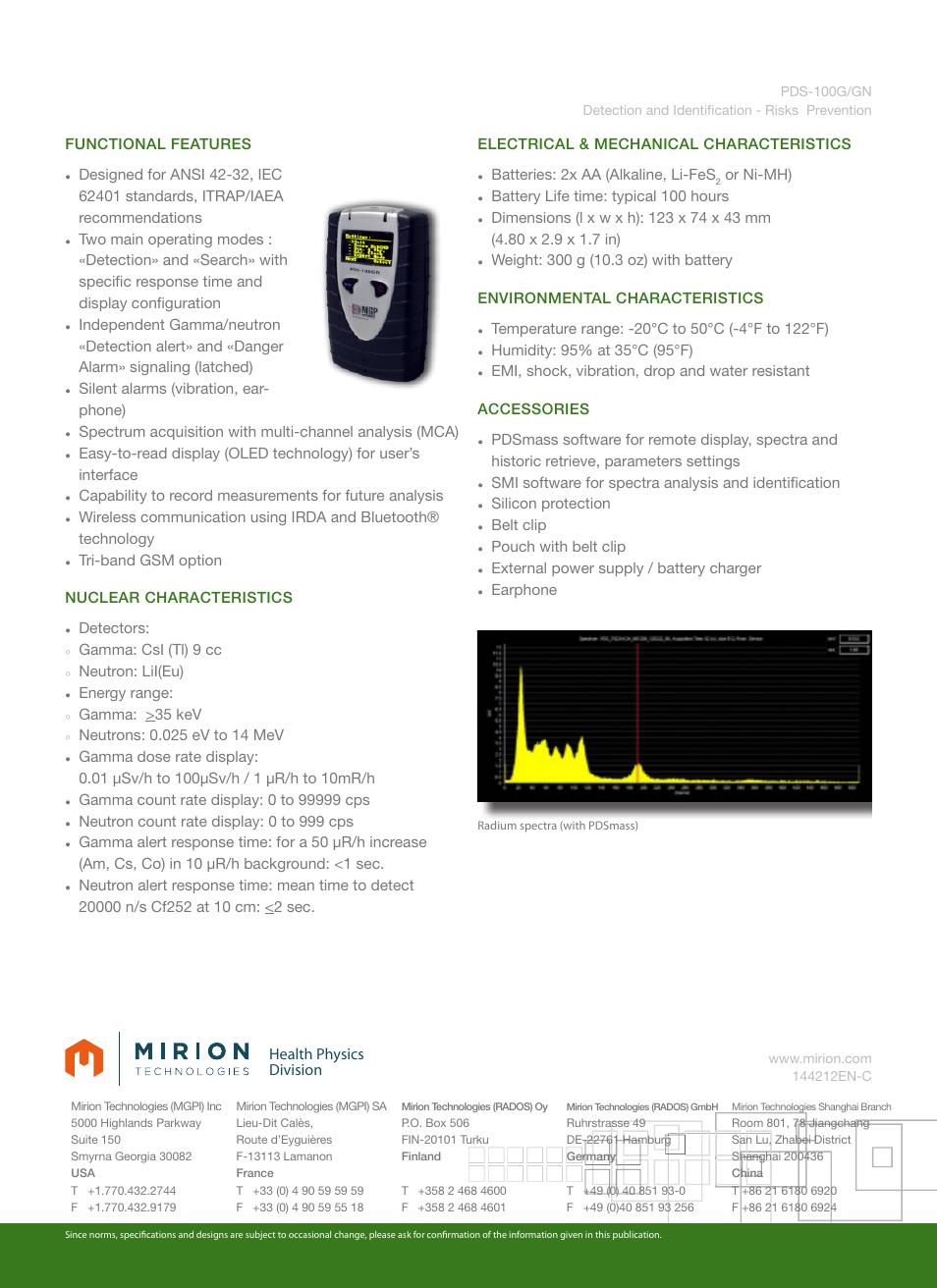 Health physics division, Functional features, Silent alarms (vibration, ear- phone) | Tri-band gsm option nuclear characteristics, Detectors, Gamma: csi (tl) 9 cc, Neutron: lii(eu), Energy range, Gamma: >35 kev, Neutron count rate display: 0 to 999 cps | Mirion Technologies PDS 100 G_GN User Manual | Page 2 / 2