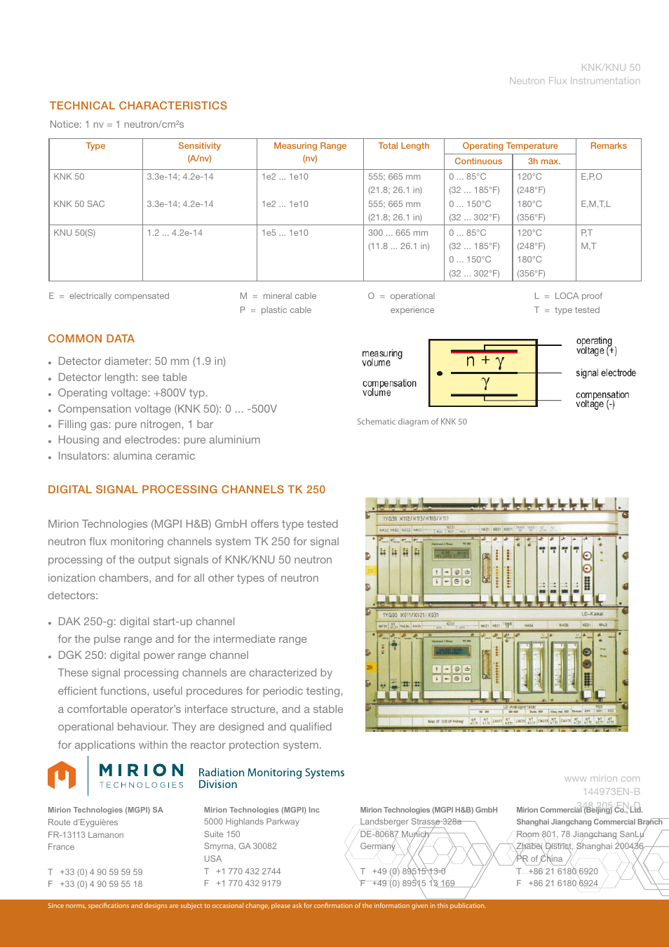 Technical characteristics, Common data, Detector diameter: 50 mm (1.9 in) | Detector length: see table, Operating voltage: +800v typ, Compensation voltage (knk 50): 0 v, Filling gas: pure nitrogen, 1 bar, Housing and electrodes: pure aluminium | Mirion Technologies KNK_KNU 50 User Manual | Page 2 / 2