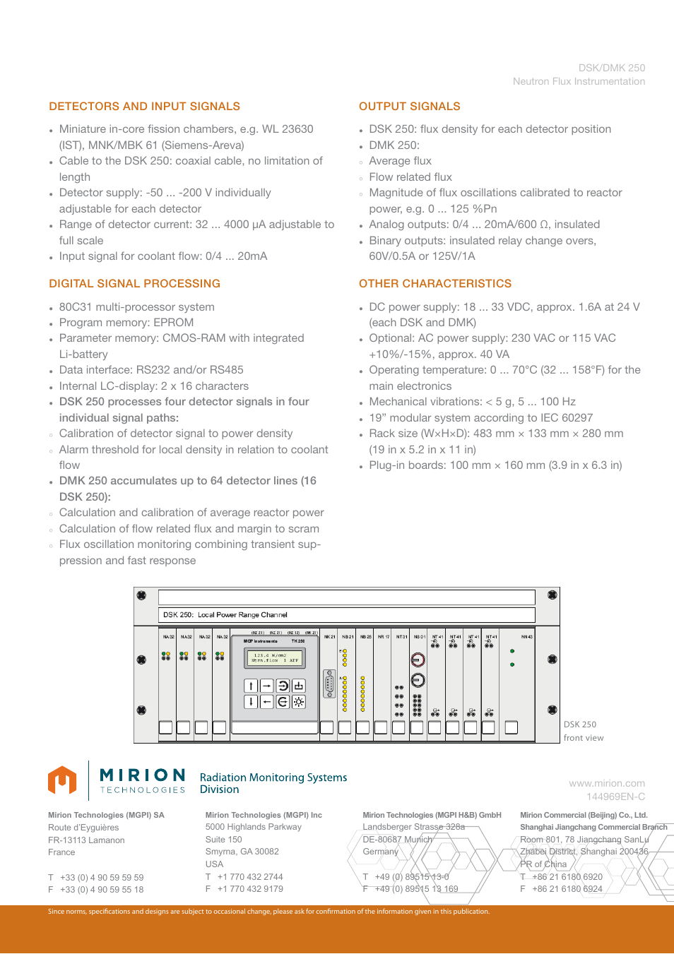 Detectors and input signals, 80c31 multi-processor system, Internal lc-display: 2 x 16 characters | Calibration of detector signal to power density, Dsk 250: fl ux density for each detector position, Dmk 250, Average fl ux, Flow related fl ux, Mechanical vibrations: < 5 g, 5 hz | Mirion Technologies DSK_DMK 250 User Manual | Page 2 / 2