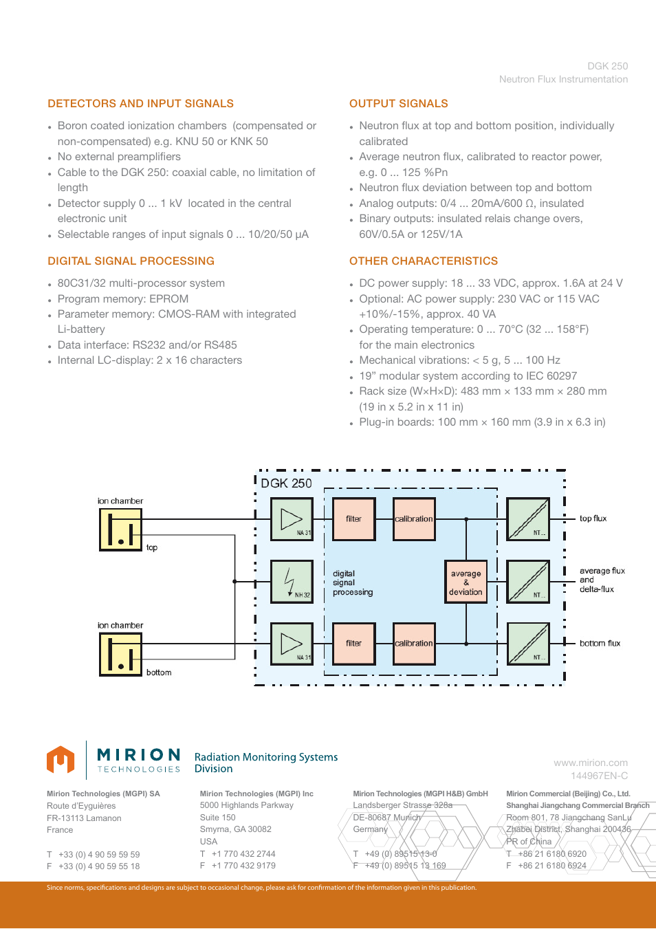 Detectors and input signals, No external preamplifi ers, Neutron fl ux deviation between top and bottom | Mechanical vibrations: < 5 g, 5 hz | Mirion Technologies DGK 250 User Manual | Page 2 / 2
