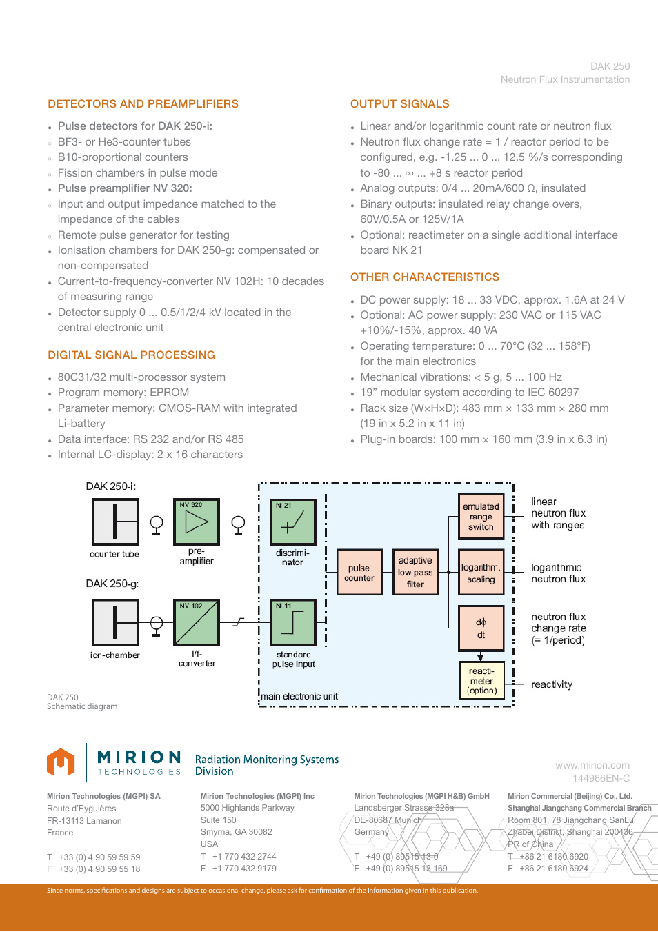 Detectors and preamplifiers, Pulse detectors for dak 250-i, Bf3- or he3-counter tubes | B10-proportional counters, Fission chambers in pulse mode, Pulse preamplifi er nv 320, Remote pulse generator for testing, Mechanical vibrations: < 5 g, 5 hz | Mirion Technologies DAK 250 User Manual | Page 2 / 2
